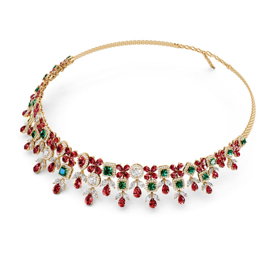 Natural Emerald, Ruby and Diamond Necklace in Gold