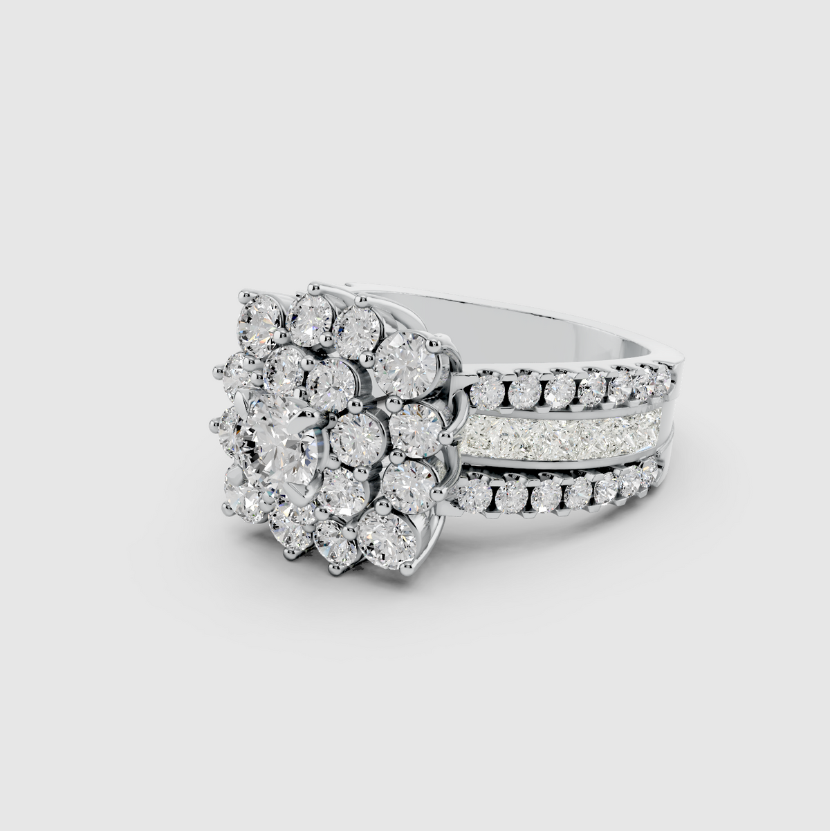 Elsie - 18K Solid Gold Flower Cluster Moissanite Statement Ring with Triple-Row Band