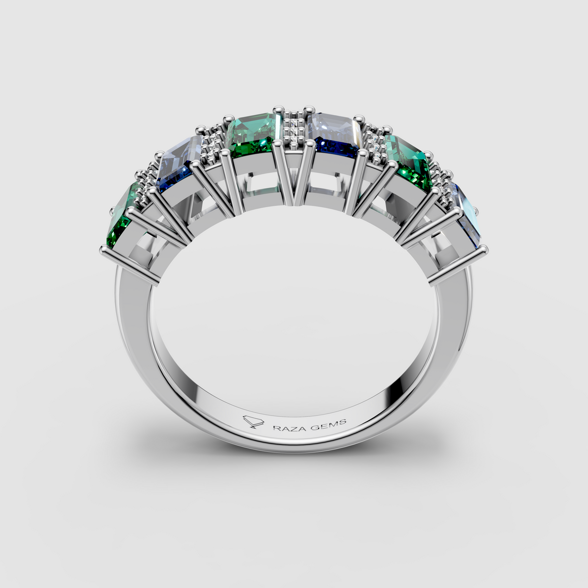 Evelyn - 18K Gold Emerald-Cut Emerald & Blue Sapphire Moissanite Band