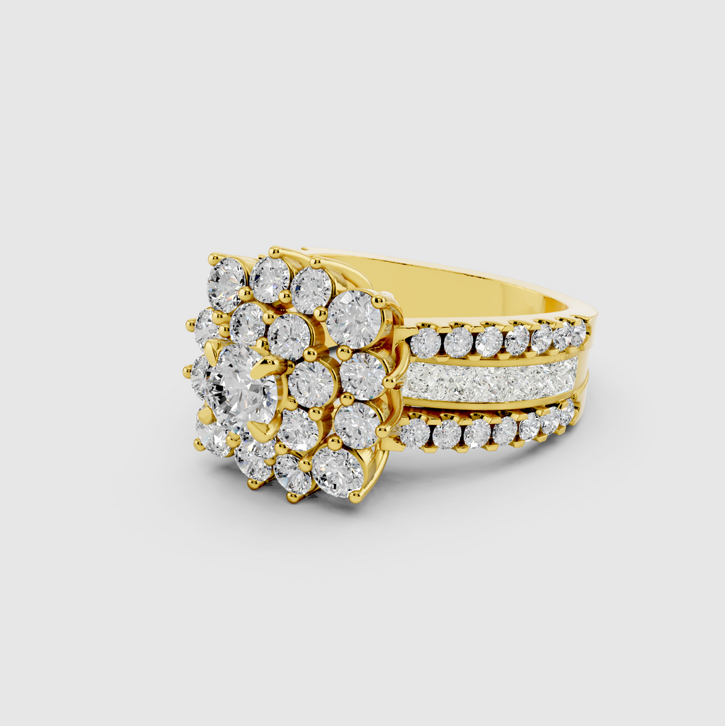 Elsie - 18K Solid Gold Flower Cluster Moissanite Statement Ring with Triple-Row Band