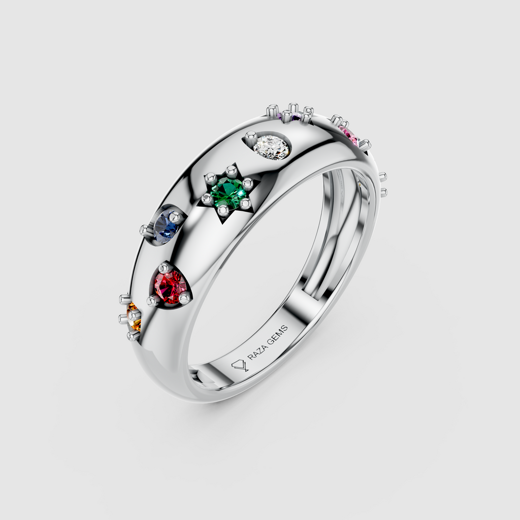 Maisie – Starburst Multi-Color Gemstone Dome Band in 18KT Gold