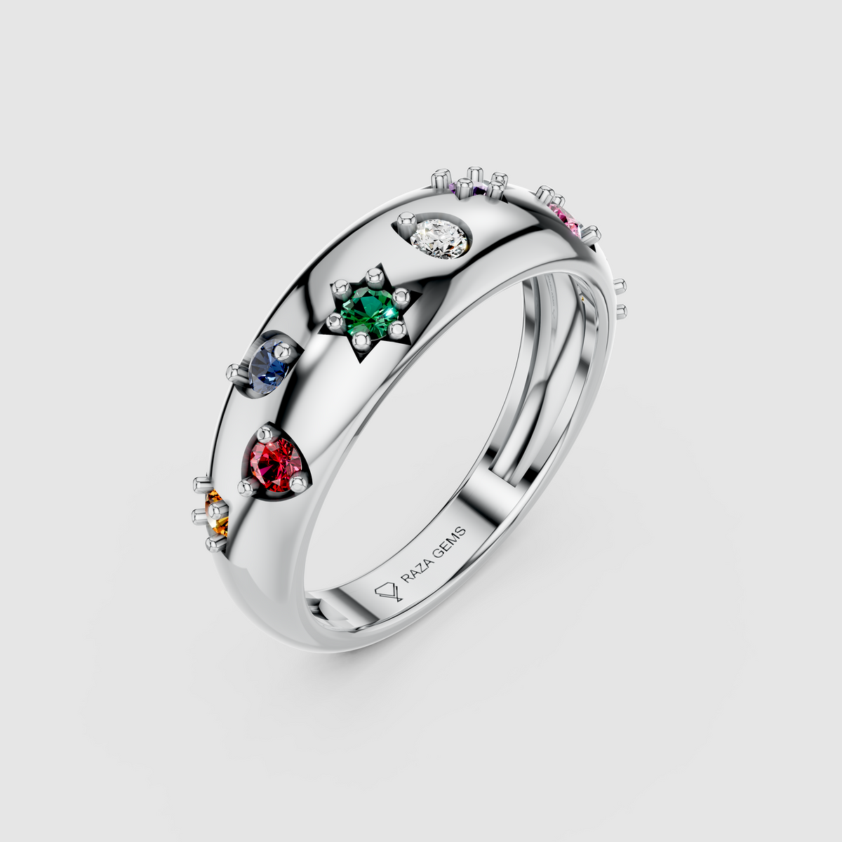 Maisie – Starburst Multi-Color Gemstone Dome Band in 18KT Gold