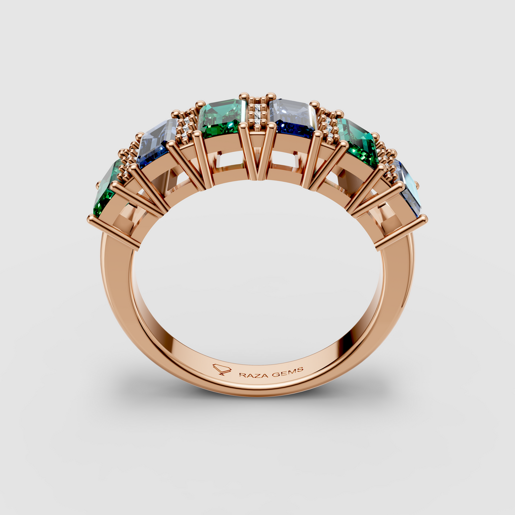 Evelyn - 18K Gold Emerald-Cut Emerald & Blue Sapphire Moissanite Band