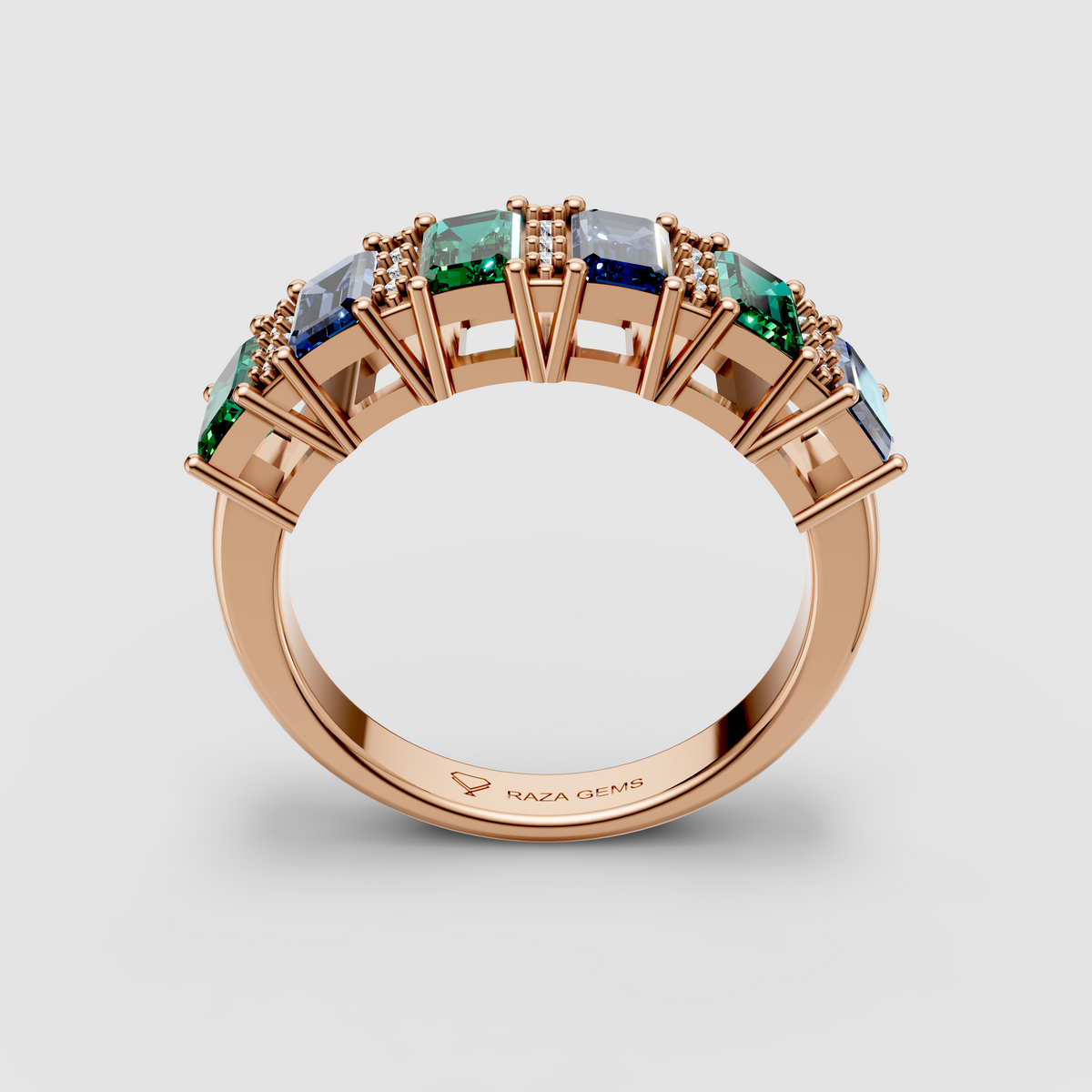 Evelyn - 18K Gold Emerald-Cut Emerald & Blue Sapphire Moissanite Band