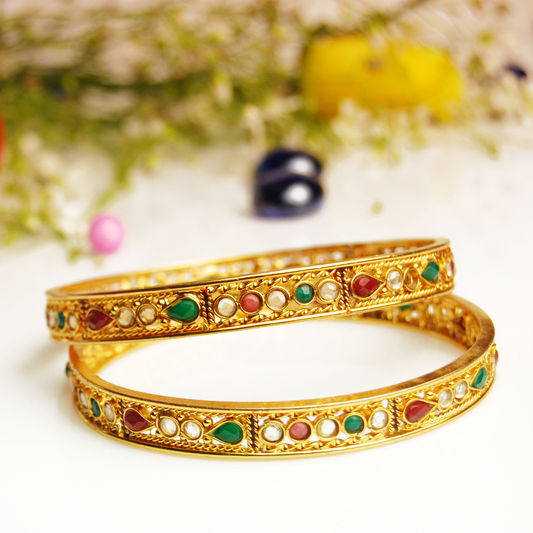 Multi Type Natural Stones with 18K Gold Set of Two Bangles for Women (EAR10002)