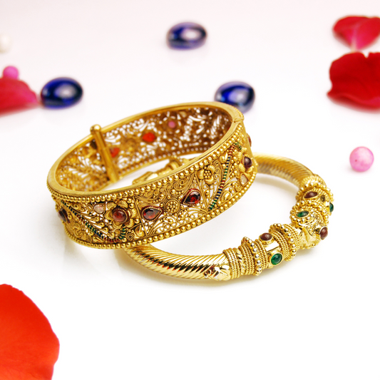 Natural Multi Stones with 18K Gold Set of Two Bangle for Women (BAN0996)