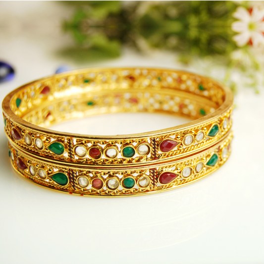 Set of Two Natural Multi Stones with 18K Gold Bangles for Women (BAN0997)