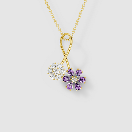 Melissa - Solid 18K Gold Amethyst & Moissanite Twin Floral Twist Pendant"