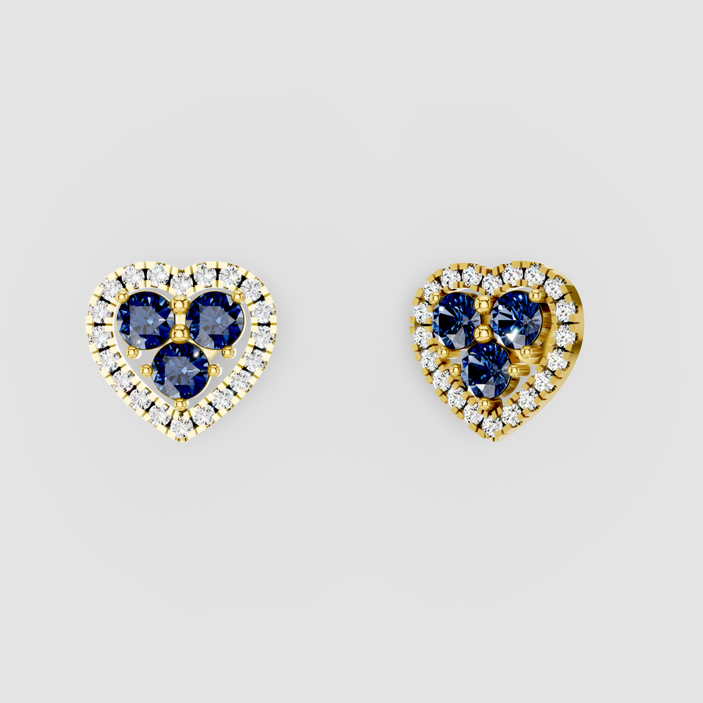 Samantha - Solid 18K Gold Blue Sapphire Trio Heart Stud Earrings