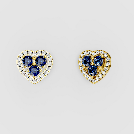 Samantha - Solid 18K Gold Blue Sapphire Trio Heart Stud Earrings"