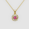 Daisy – Round Pink Sapphire Solitaire Halo Pendant with Moissanite in 18KT Gold