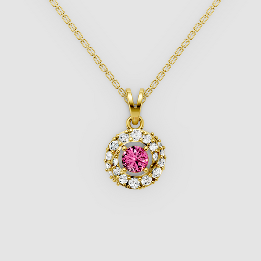 Daisy – Round Pink Sapphire Solitaire Halo Pendant with Moissanite in 18KT Gold