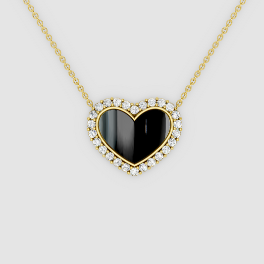 Sarah - 18K Gold Black Mother of Pearl Heart Pendant with Moissanite Halo (Pendant Only)"