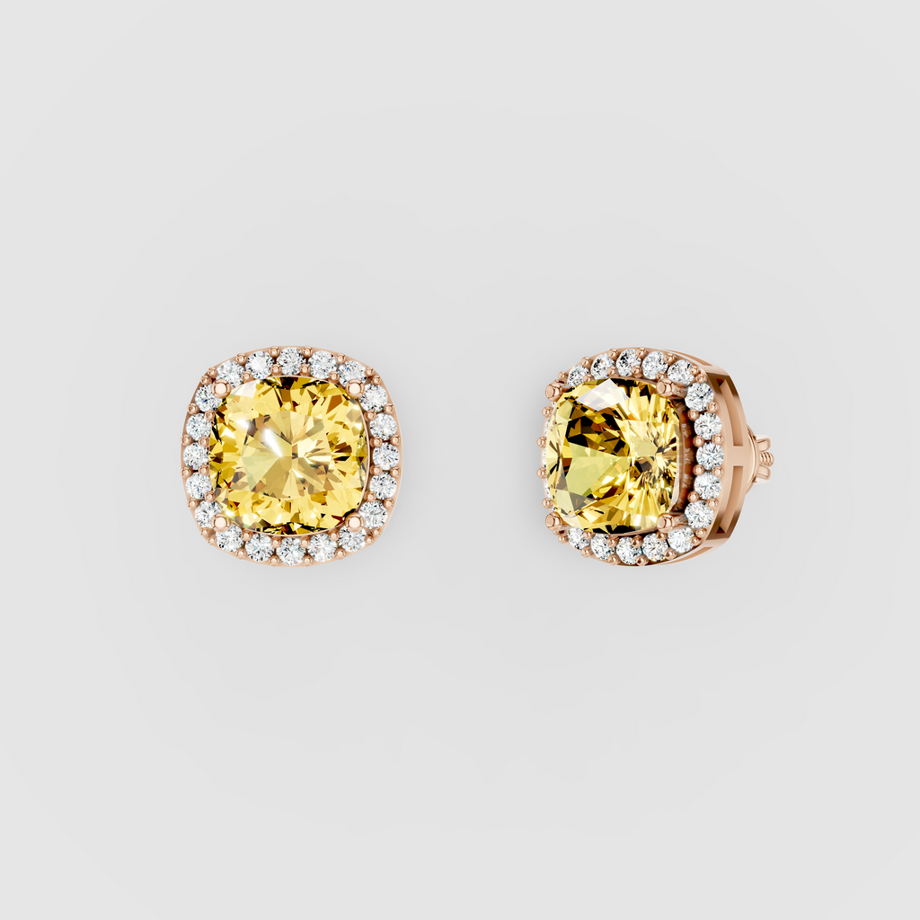 Donna - Solid 18K Gold Cushion Yellow Sapphire with Moissanite Halo Earrings"
