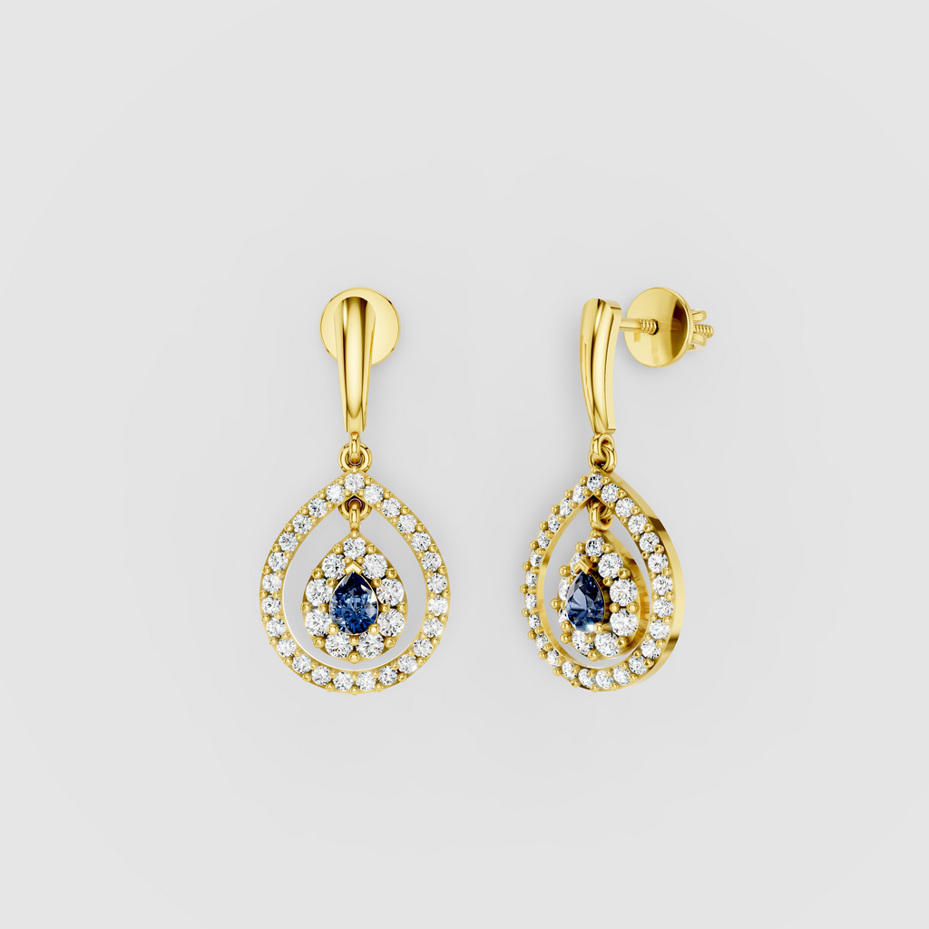 Linda - 18K Gold Pear Blue Sapphire & Double Moissanite Halo Teardrop Drop Earrings"