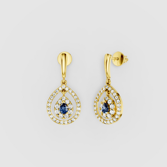 Linda - 18K Gold Pear Blue Sapphire & Double Moissanite Halo Teardrop Drop Earrings"