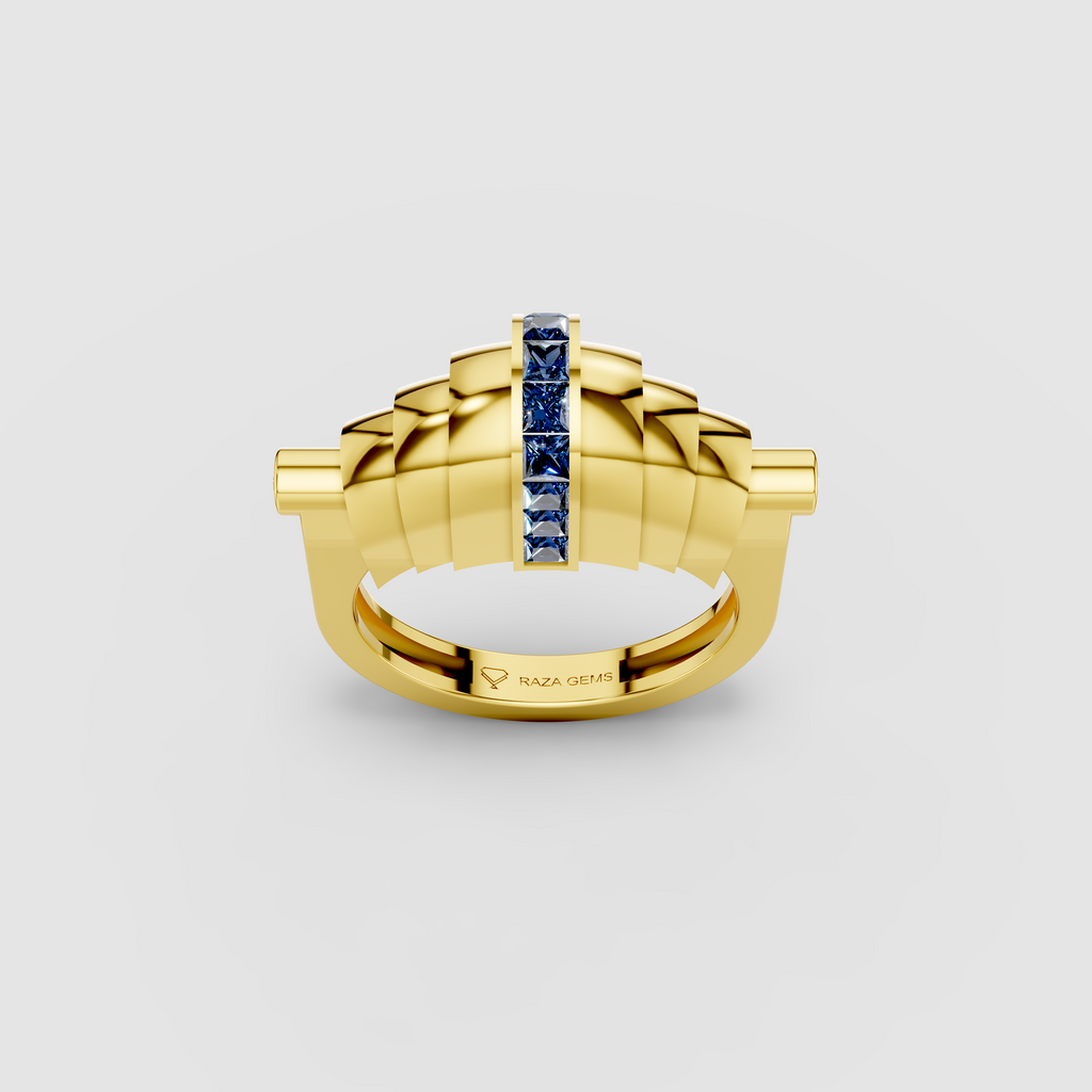 Catherine - Solid 18K Gold Fluted Band with Blue Sapphire Channel"