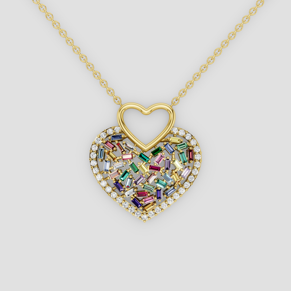 Aria – Natural Rainbow Gemstone Mosaic Heart Pendant in 18KT Gold
