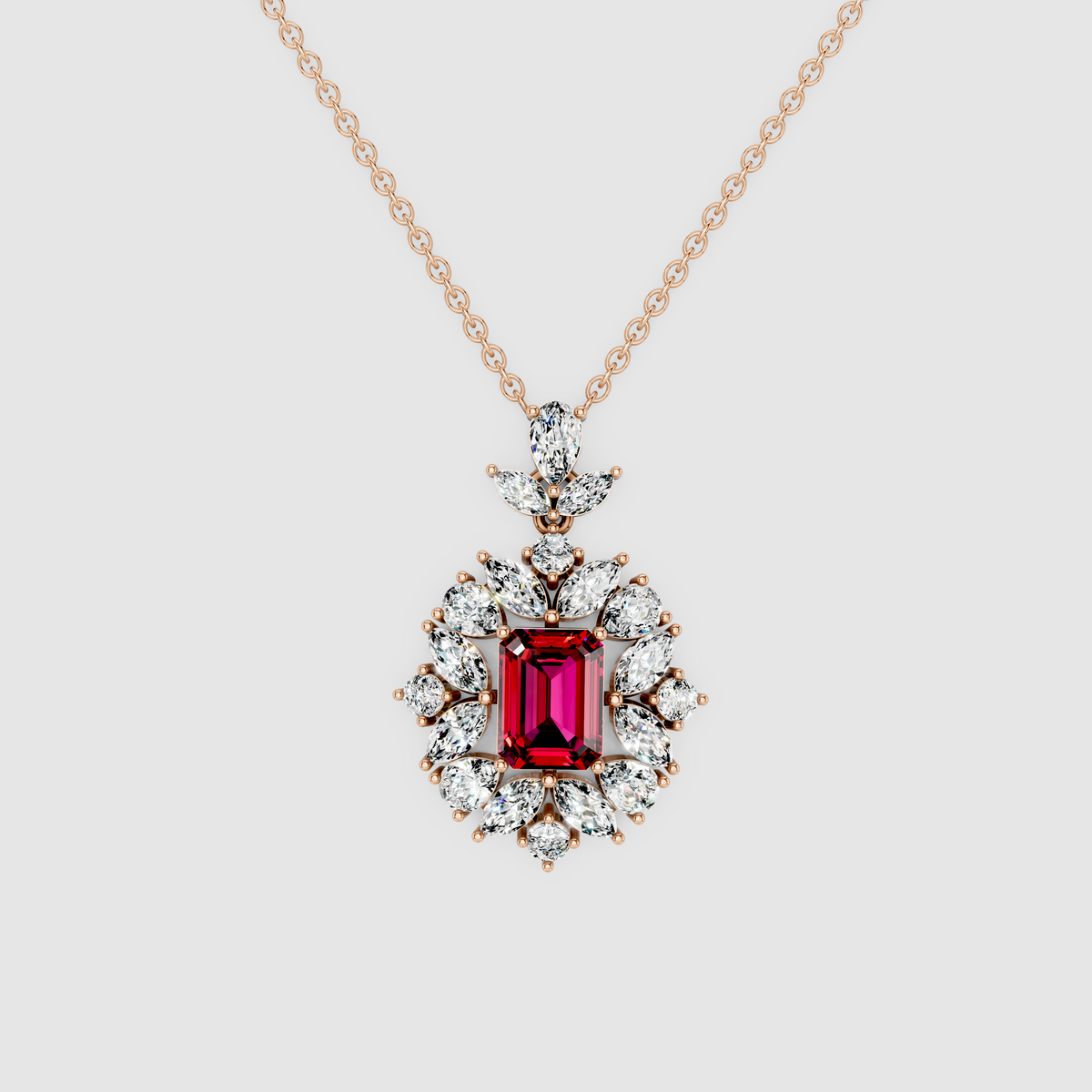 Vintage Charlotte – Emerald Cut Ruby Statement Pendant with Moissanite Sunburst Halo in 18KT Gold