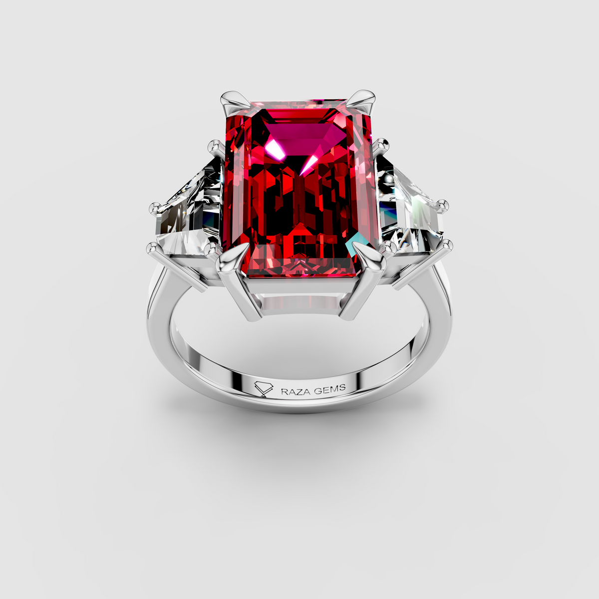 Olivia - 18K Gold Three-Stone Ruby & Moissanite Engagement Ring"