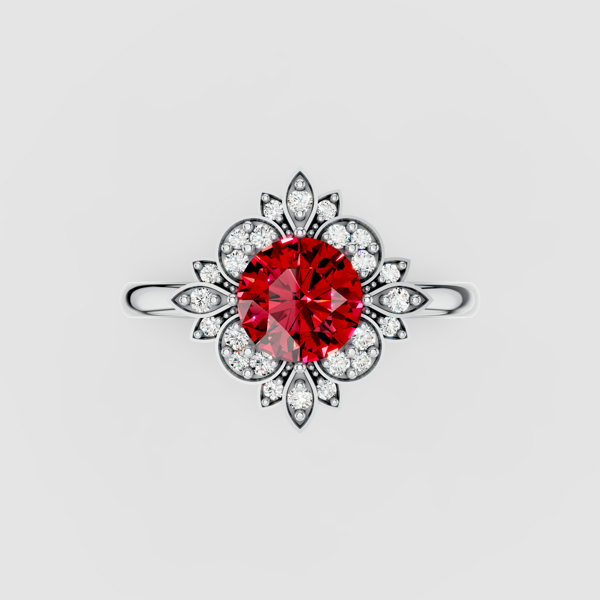 Grace – Round Ruby & Moissanite Petal Halo Ring in 18KT Gold