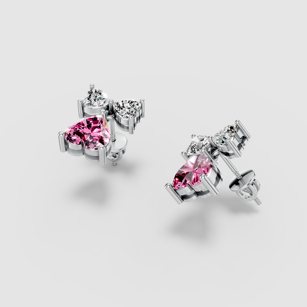 Cynthia - Solid 18K Gold Heart-Cut Pink Sapphire & Moissanite Dangle Earrings"