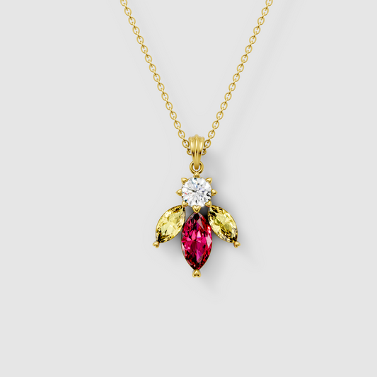 Elizabeth - Solid 18K Gold Marquise Ruby & Yellow Spinel Pendant with Moissanite"