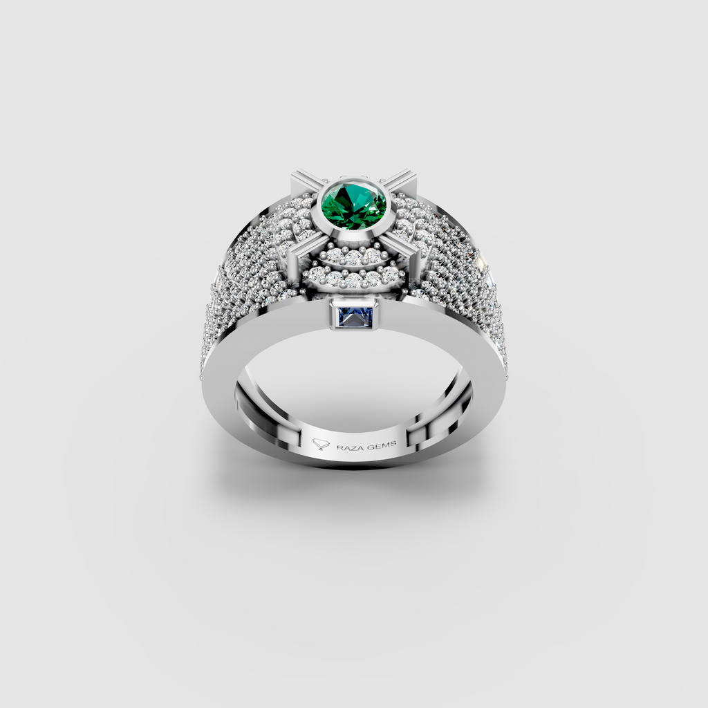 Camille - Solid 18K Gold Round Emerald, Moissanite Pavé & Blue Sapphire Ring