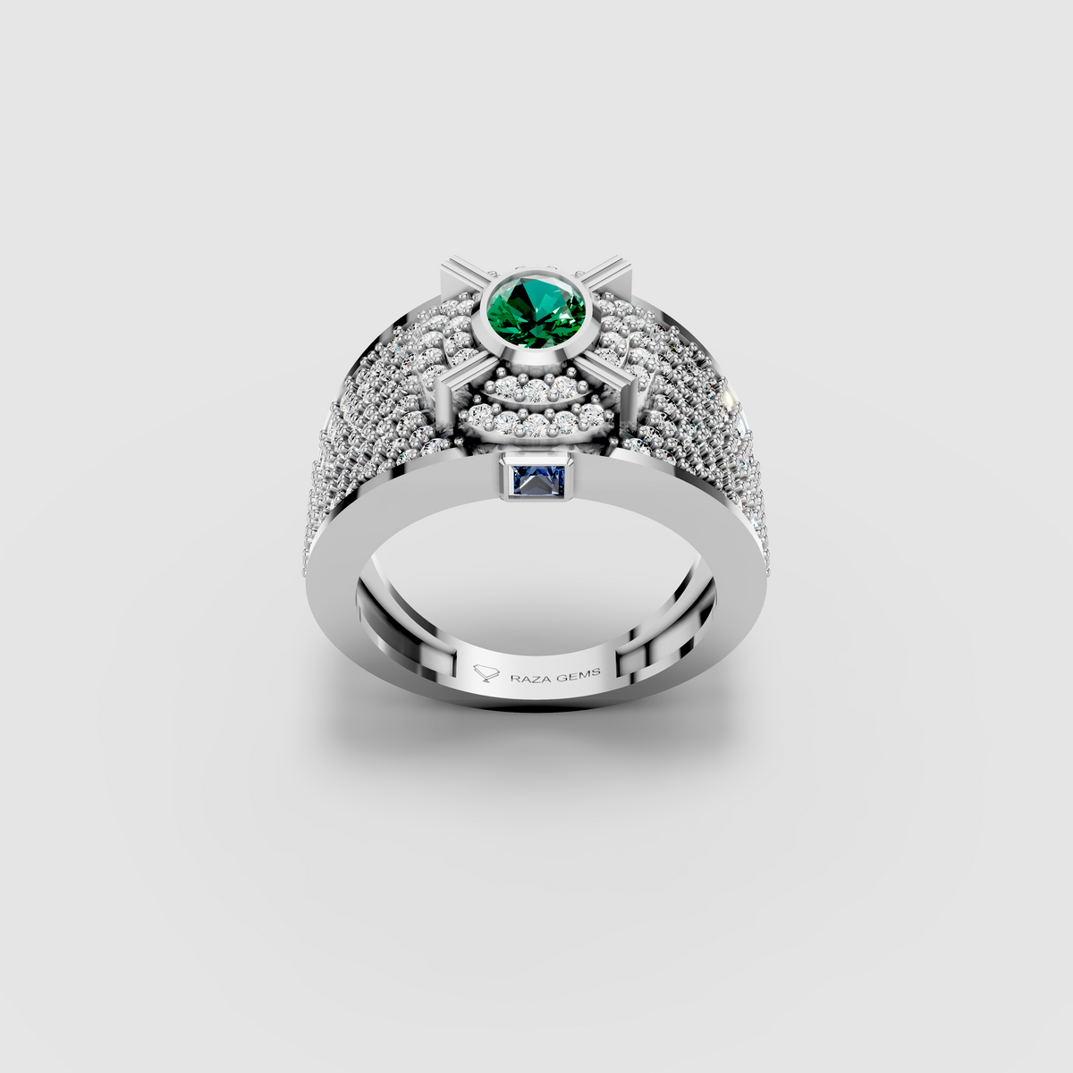 Camille - Solid 18K Gold Round Emerald, Moissanite Pavé & Blue Sapphire Ring