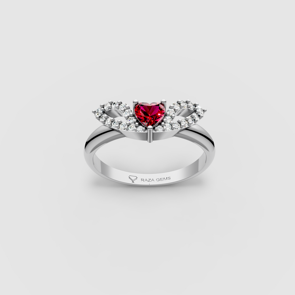 Eden – 18K Gold Heart-Cut Ruby & Moissanite Angel Wing Ring