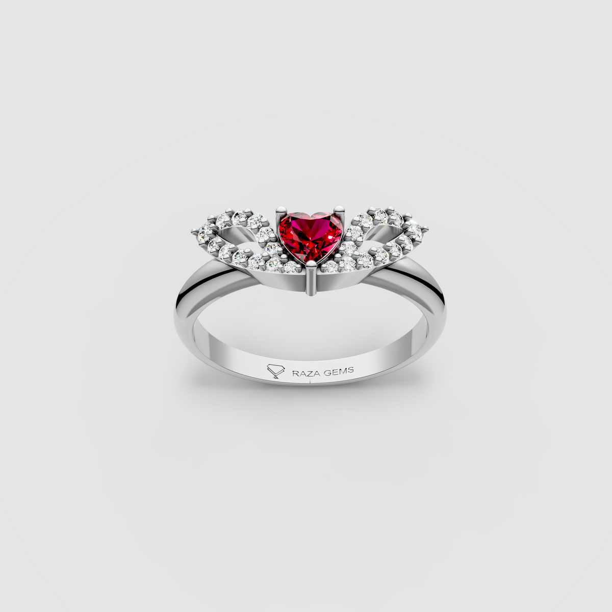 Eden – 18K Gold Heart-Cut Ruby & Moissanite Angel Wing Ring