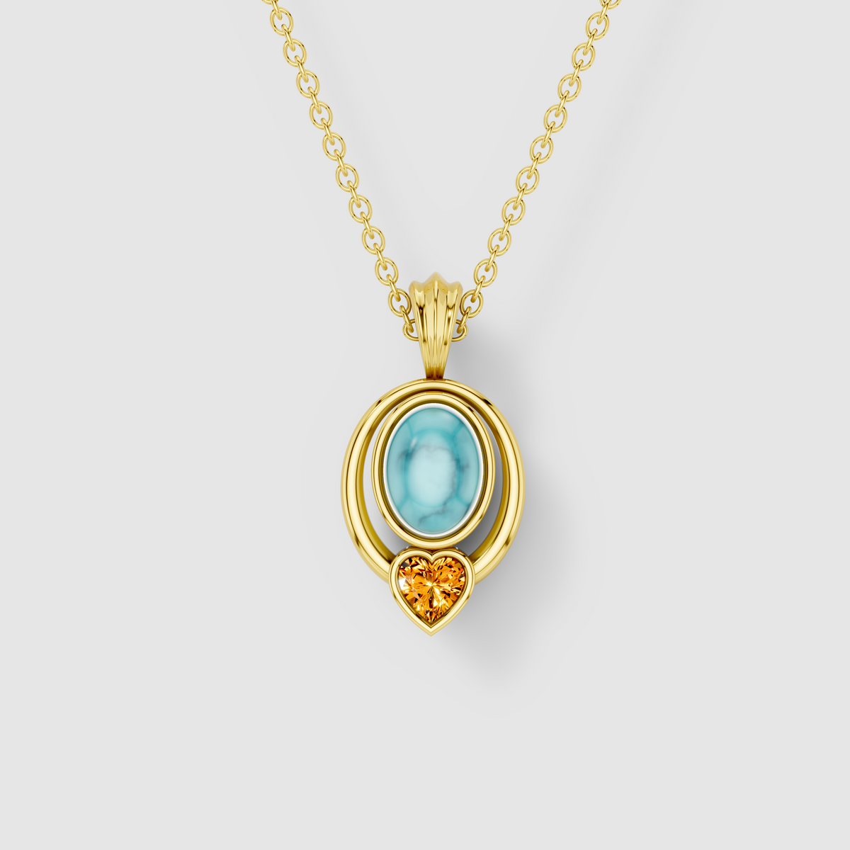 Kimberly - 18K Gold Oval Turquoise & Heart Citrine Statement Pendant (Pendant Only)"