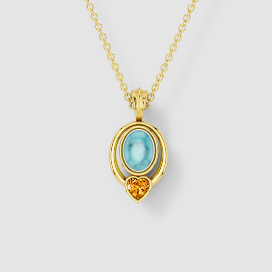 Kimberly - 18K Gold Oval Turquoise & Heart Citrine Statement Pendant (Pendant Only)"