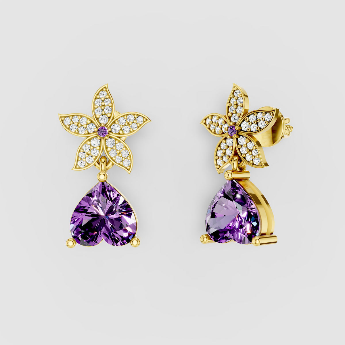 Emma - Regal Bloom 18K Gold Amethyst Heart and Sparkling Moissanite Dangle Earrings