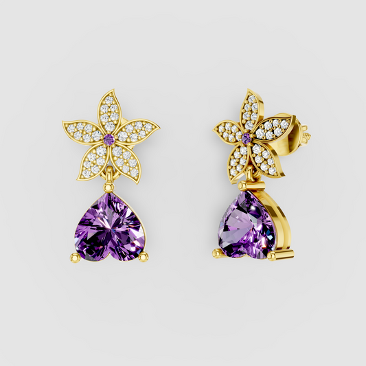 Emma - Regal Bloom 18K Gold Amethyst Heart and Sparkling Moissanite Dangle Earrings