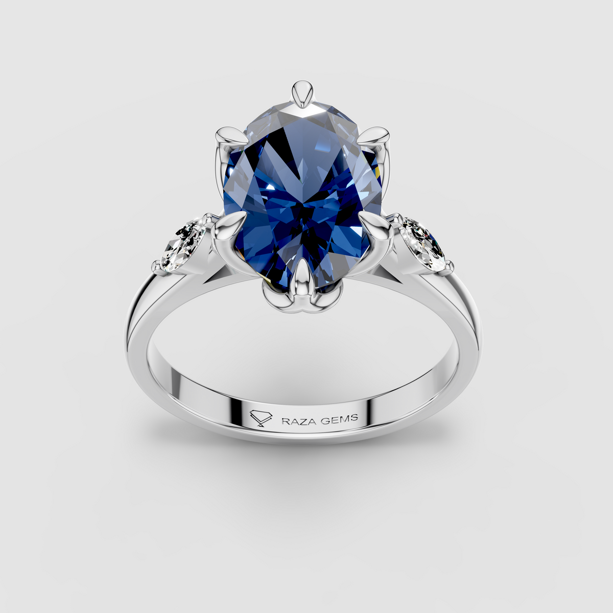 Charlotte - Solid 18K Gold Oval Blue Sapphire with Marquise Moissanite Side Stones"