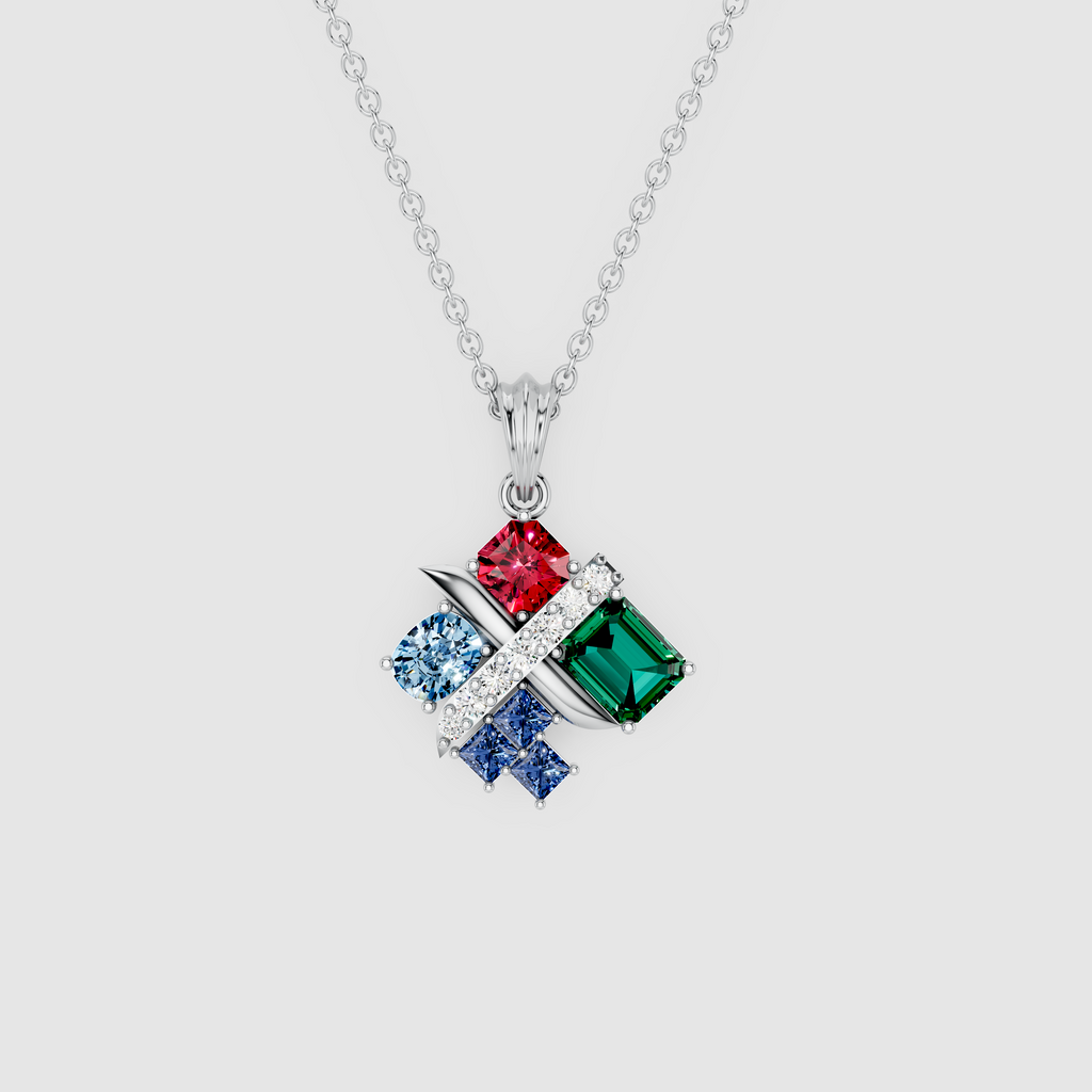 Iris – 18K Gold Multi-Gemstone Mosaic Pendant with Emerald, Ruby, Blue Sapphire, Sky Blue Topaz & Moissanite