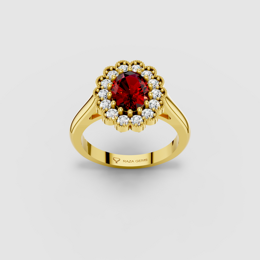 Mia - 18K Gold Oval Ruby & Scalloped Moissanite Halo Ring