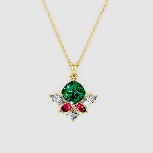 Amelia – 18K Gold Cushion Emerald Cluster Pendant with Ruby & Marquise Moissanite