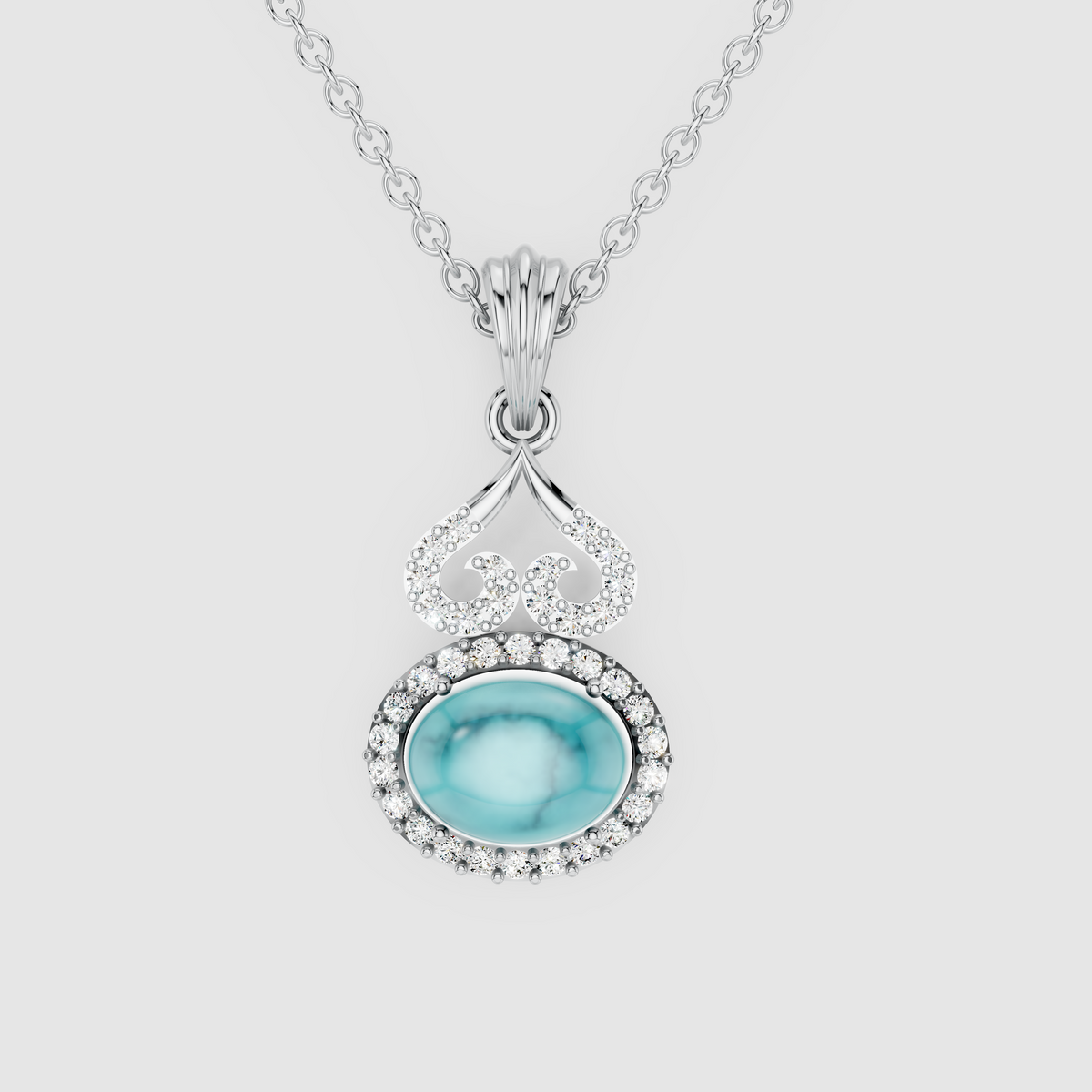 Jasmine – 18K Gold Oval Turquoise (Firoza) & Moissanite Halo Vintage Scroll Pendant