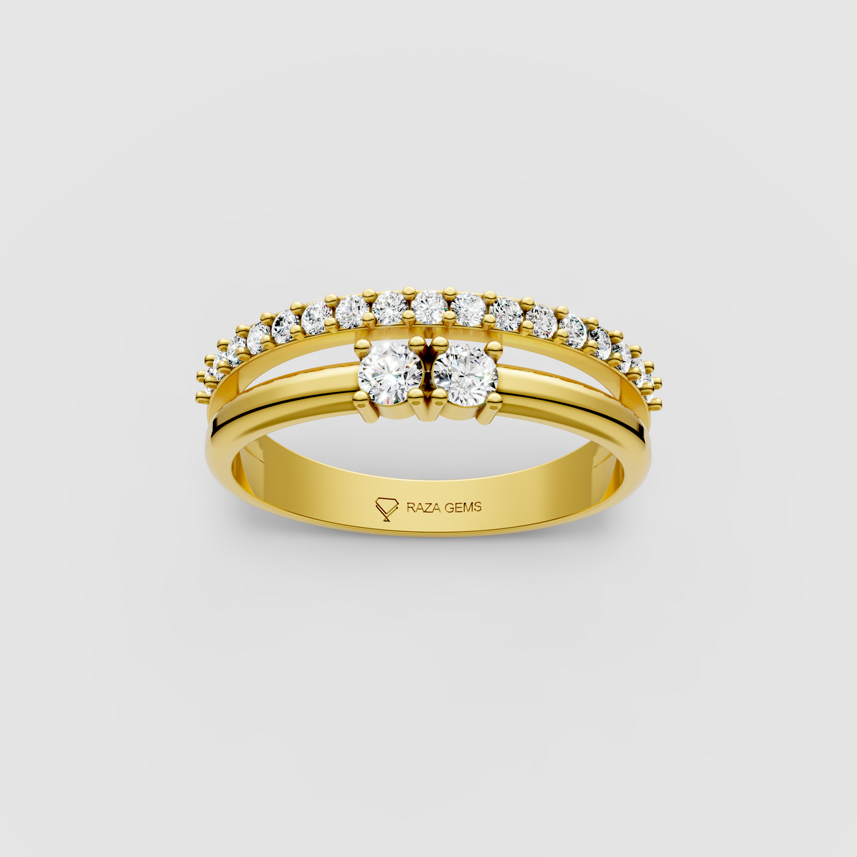Emily - Two-Stone & Pavé Moissanite Split Band Ring | 18K Yellow, White & Rose Gold