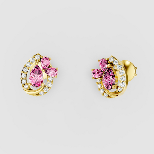 Shirley - Solid 18K Gold Pink Sapphire Cluster & Moissanite Swirl Earrings"
