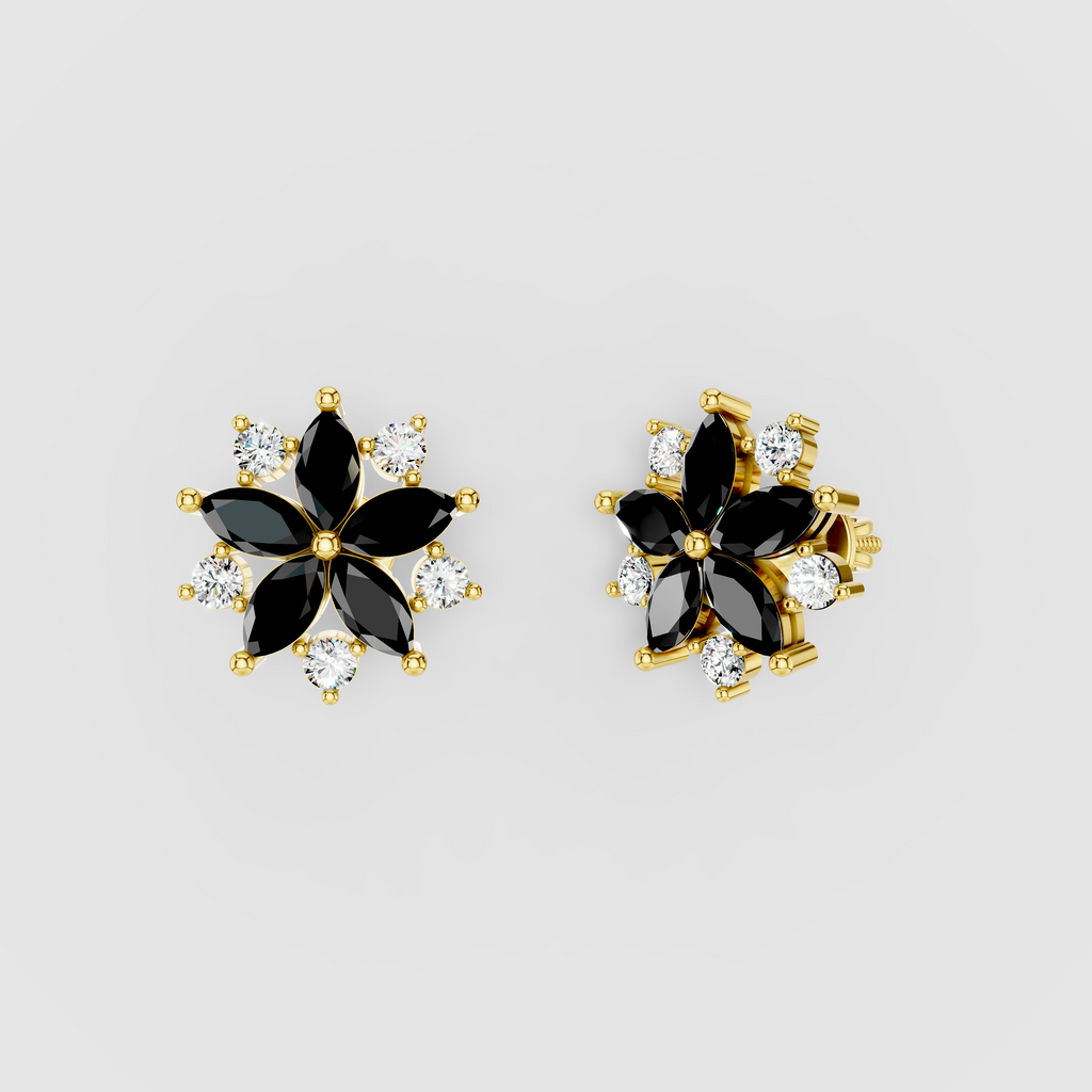 Susan - Black Spinel & Moissanite Flower Earrings in 18K Gold