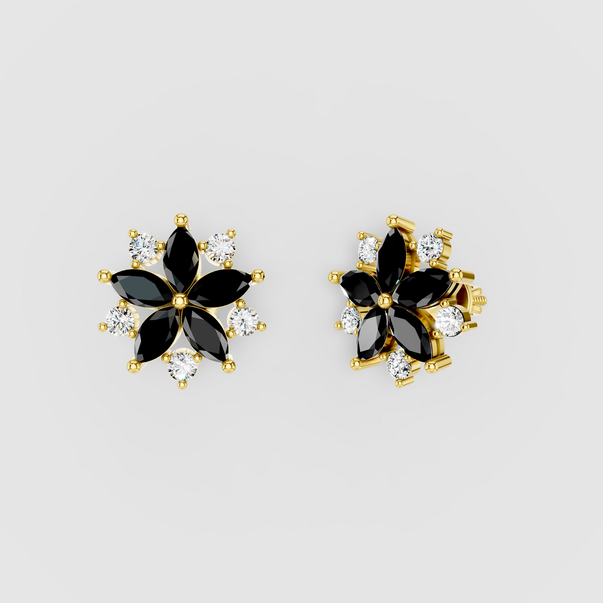 Susan - Black Spinel & Moissanite Flower Earrings in 18K Gold