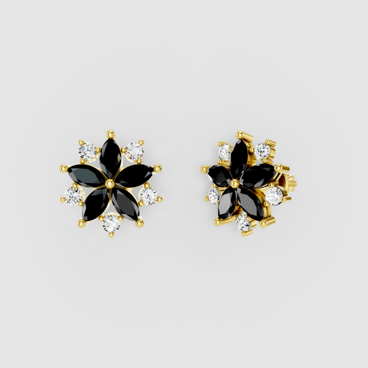 Susan - Black Spinel & Moissanite Flower Earrings in 18K Gold