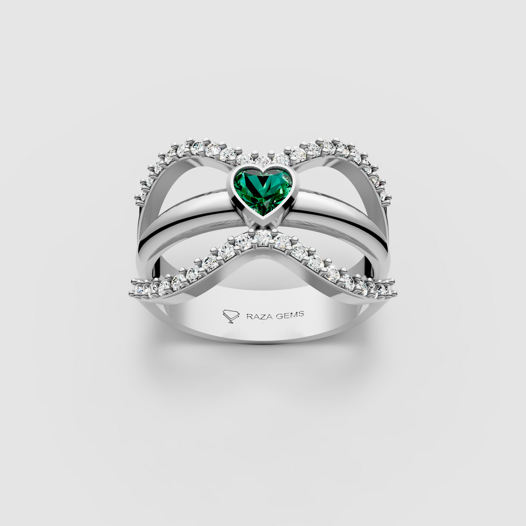 Imogen – 18K Solid Gold Heart Emerald & Moissanite Wide Band Ring