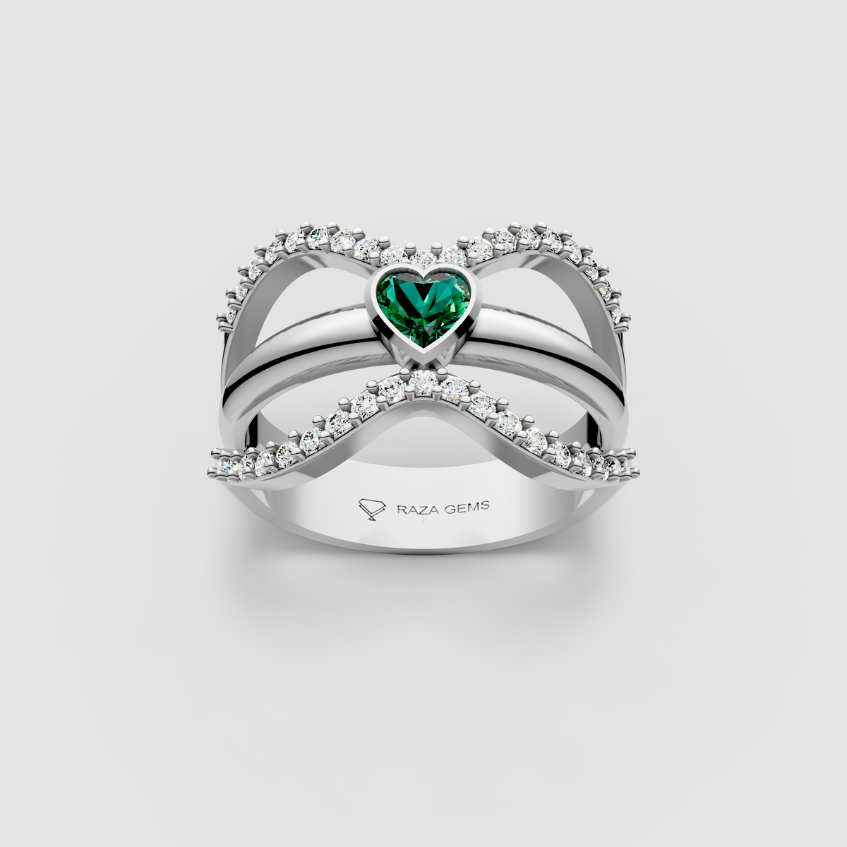 Imogen – 18K Solid Gold Heart Emerald & Moissanite Wide Band Ring