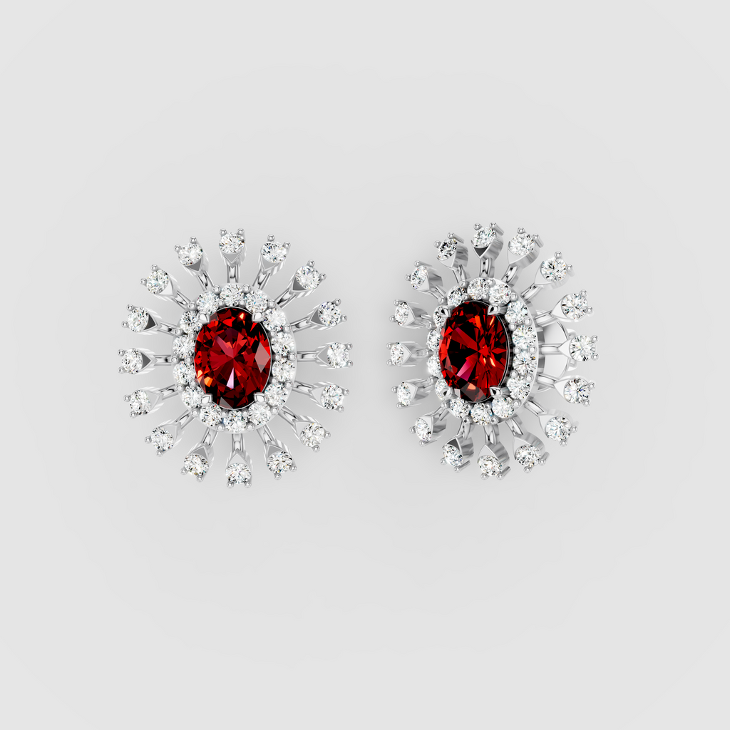Stephanie - 18K Gold Oval Ruby & Double Moissanite Halo Stud Earrings" (Descriptive & Elegant)