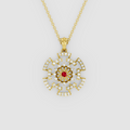 Arabella – Center Ruby Sunburst Wheel Pendant with Moissanite in 18KT Gold
