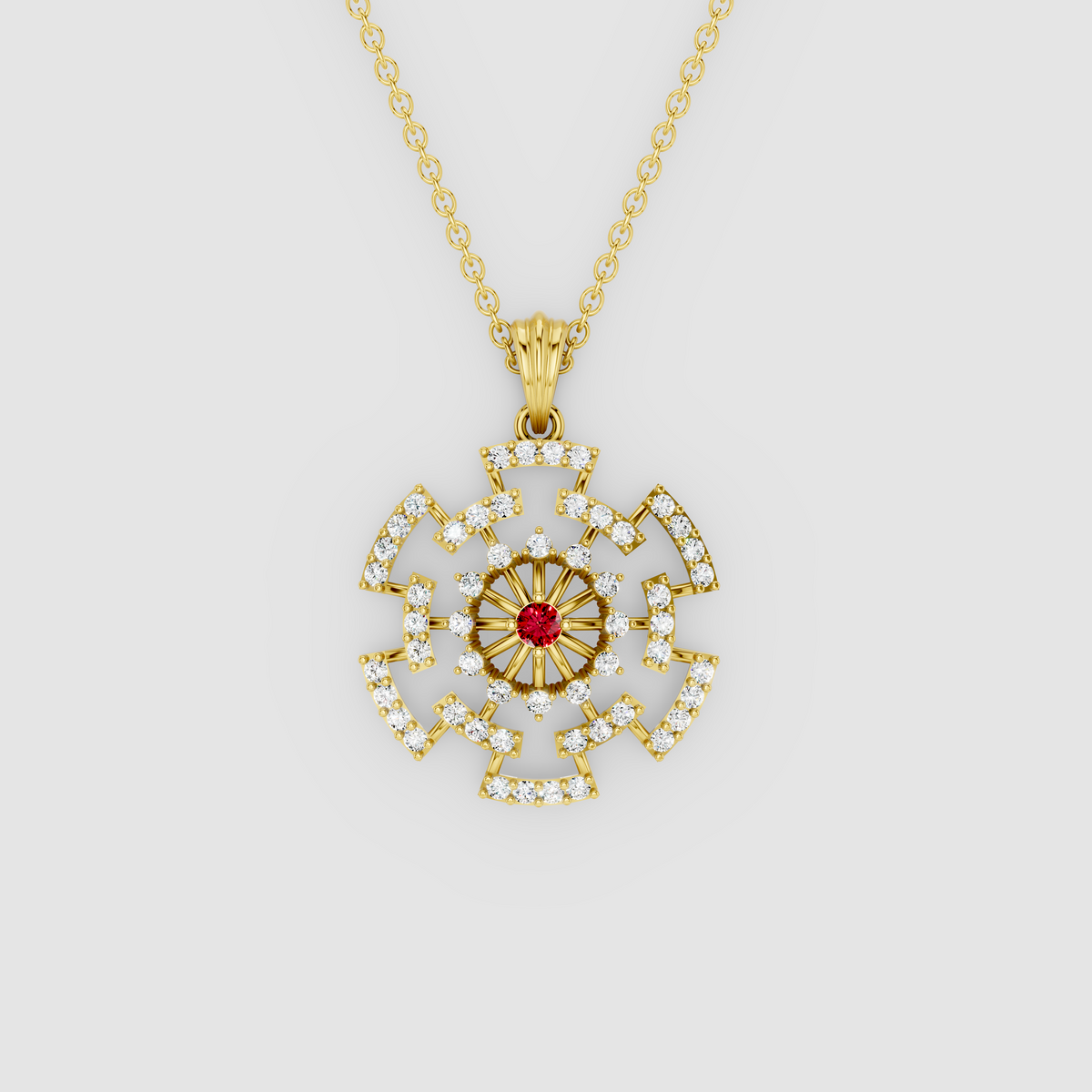 Arabella – Center Ruby Sunburst Wheel Pendant with Moissanite in 18KT Gold